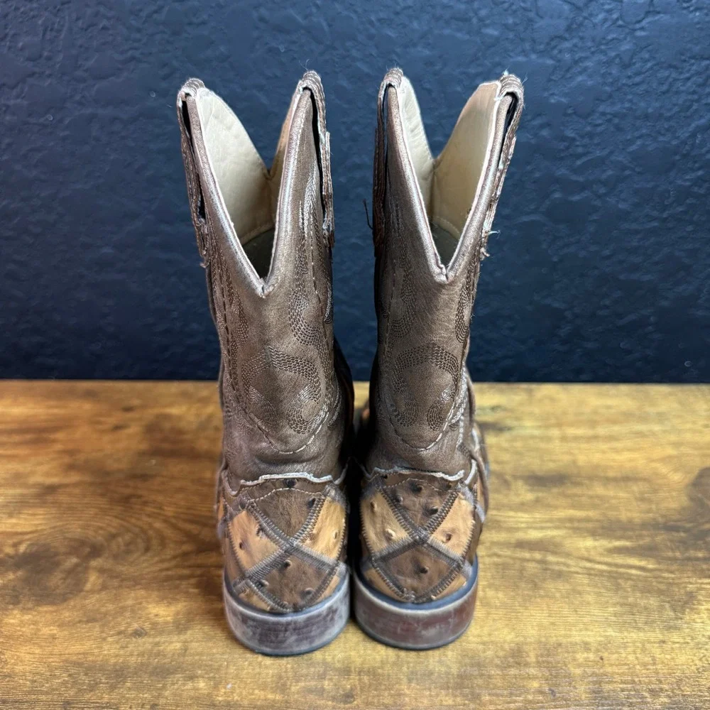Roper Patchwork Faux Ostrich 09-018-1902-2102 Bronze Synthetic Boots Kids 12